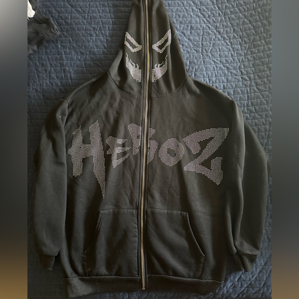 Black Zip-Up Hoodie with Rhinestone Design